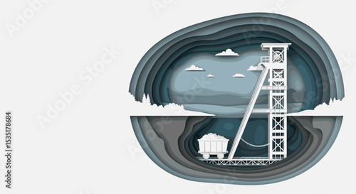 Mining Watchtower with Coal Cart in Abstract Layered Landscape for Environmental Awareness, Industry Blogs, Educational Materials, and Social Media Campaigns