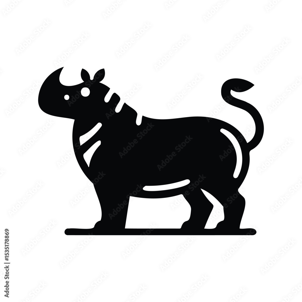 Obraz premium Minimalist black and white silhouette of a standing african rhinoceros animal illustration
