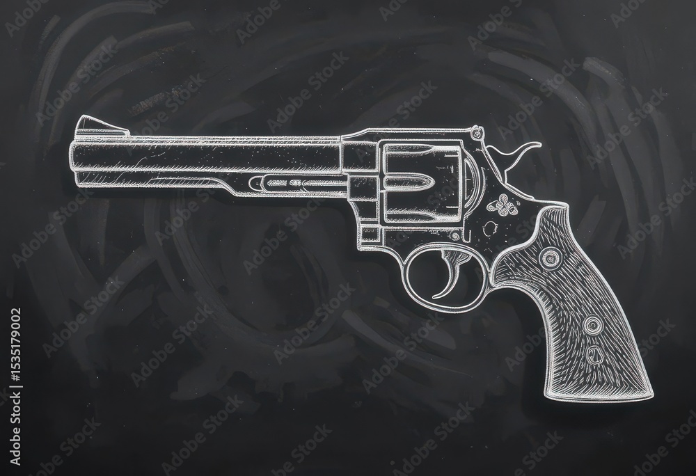 Schoolroom Weaponry A Revolver Illustrated in White Chalk on a Dark Chalkboard Background Schoolroom Weaponry A Revolver Illustrated in White Chalk on a Dark Chalkboard Background
