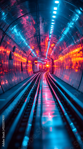 Vibrant Subway Tunnel with Illuminated Walls and Tracks