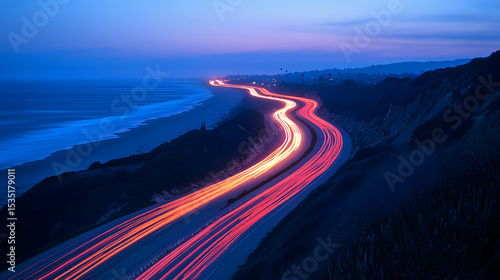 Long Exposure of Coastal Highway at Dusk with Light Trails