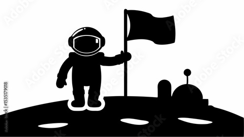 Illustration of an astronaut planting a flag on the moon near a lunar module in black and white | eps vectors silhouette