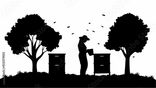 Silhouette of beekeeper tending to beehives surrounded by trees and flying bees in a monochrome landscape | eps vectors