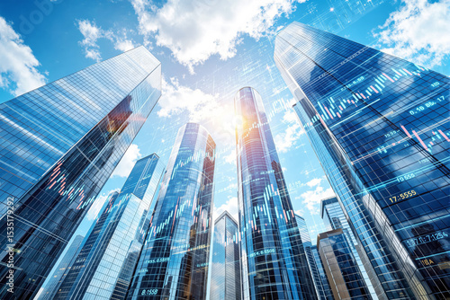 Wallpaper Mural Futuristic skyscrapers with financial stock market data overlay in sunlight. Torontodigital.ca