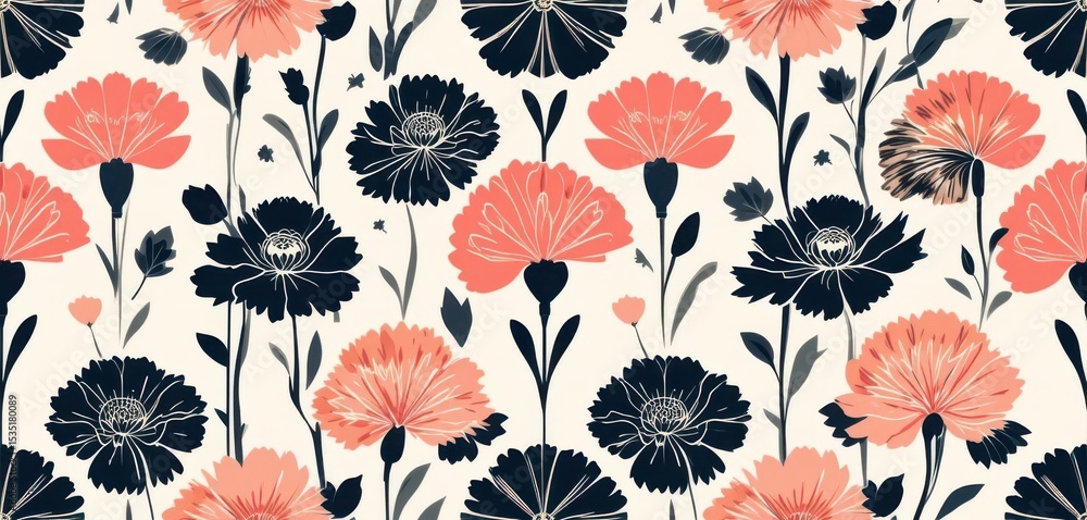 Geometric Carnation Repeat Pattern Contemporary Floral Art, Bold Shapes, Minimalist Background, Trendy Design Geometric Carnation Repeat Pattern Contemporary Floral Art, Bold Shapes, Minimalist Background, Trendy Design