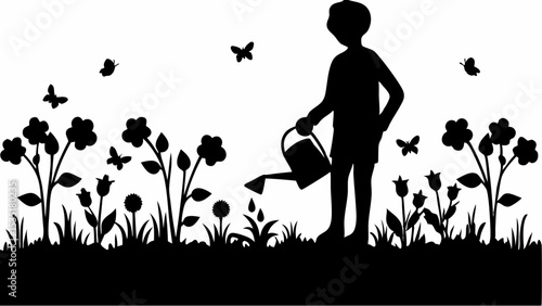 Silhouette of a child watering flowers in a garden with butterflies flying around in the background | eps vectors