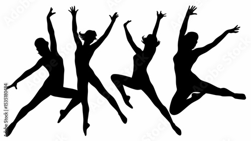Four dancing figures in silhouette with arms raised and legs extended in dynamic poses against white | eps vectors