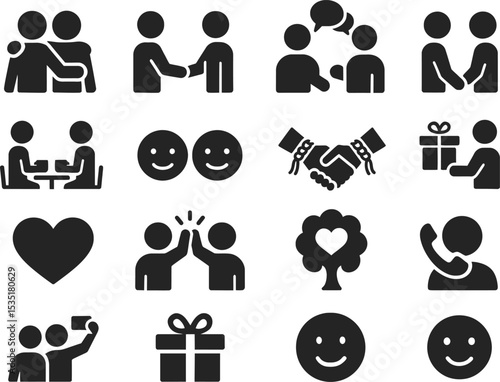 Black silhouette icon set for International Friendship Day. Includes solid black icons of handshake, linked hands, heart symbols, smiling faces, friendship bracelets, group of people silhouettes, chat