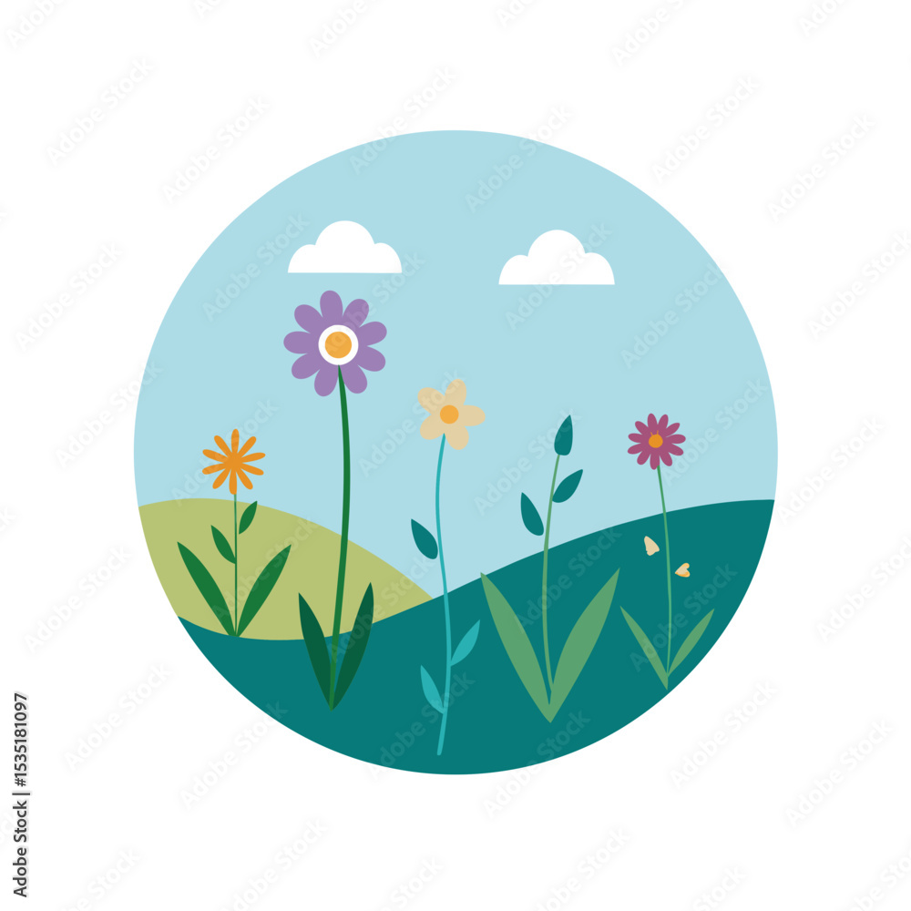 Fototapeta premium Vibrant Wildflower Meadow Vector Logo Icon in a Circle