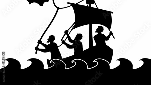 Silhouette of three men sailing a boat on a wavy sea with a single sail under a cloudy sky illustration | eps vectors