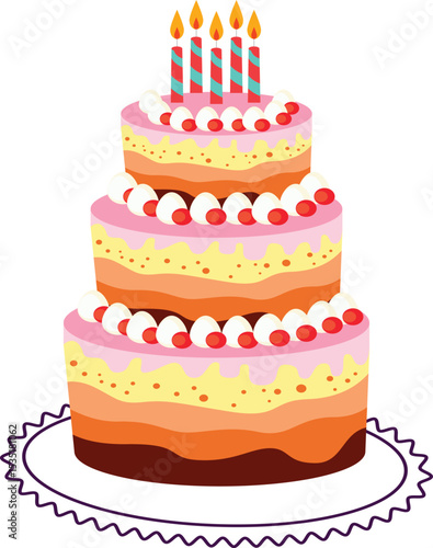 Tall Layered Cake with Strawberries, Cream, and Birthday Candles