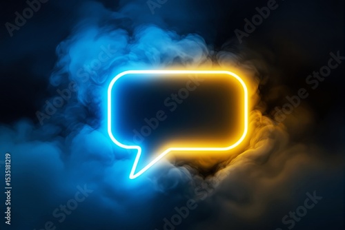 Neon speech bubble with glowing blue and yellow lights on a dark smoky background.