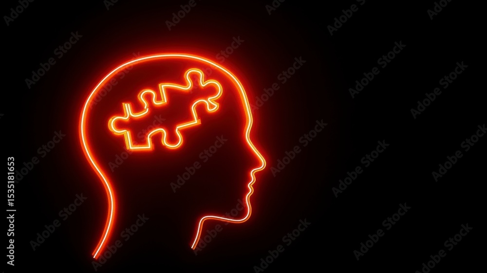 Glowing neon head silhouette with puzzle piece inside, representing problem-solving, ideas, and intelligence. Glowing neon head silhouette with puzzle piece inside, representing problem-solving, ideas, and intelligence.