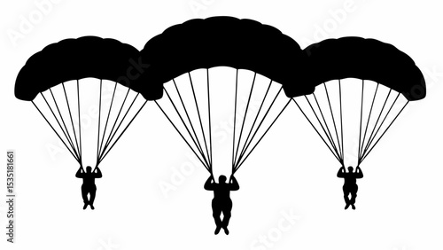 Three skydivers descending with parachutes in silhouette against a white background in an illustration | eps vectors