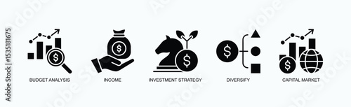 Capital Growth Icon Set Isolated Vector With Icon Of Budget Analysis, Income, Investment Strategy, Diversify, Capital Market In Glyph Style