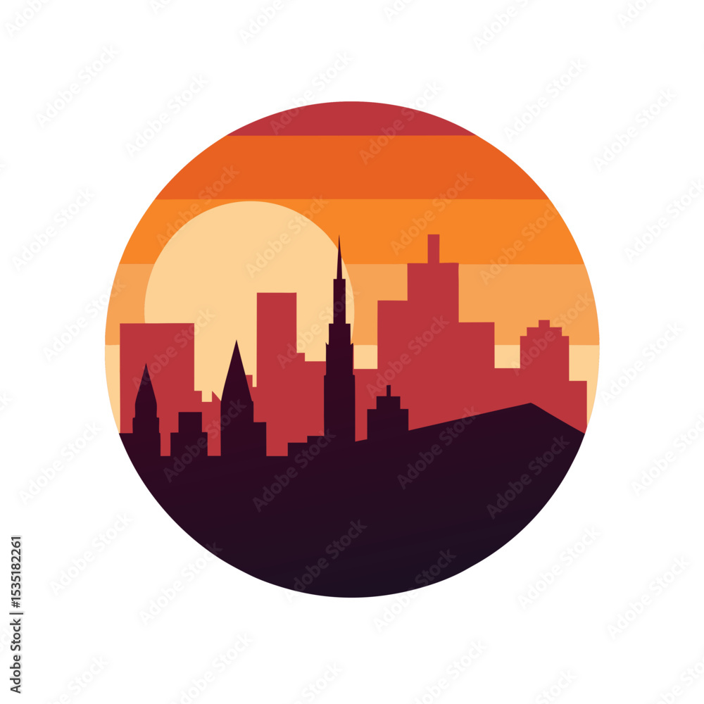 Fototapeta premium Cityscape at Sunset Vector Logo Icon Clipart in a Circle