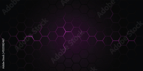 Dark gray and purple horizontal hexagonal technology abstract wide vector background. Purple bright energy flashes under hexagon. Technology futuristic modern wide banner. Dark gray honeycomb texture.