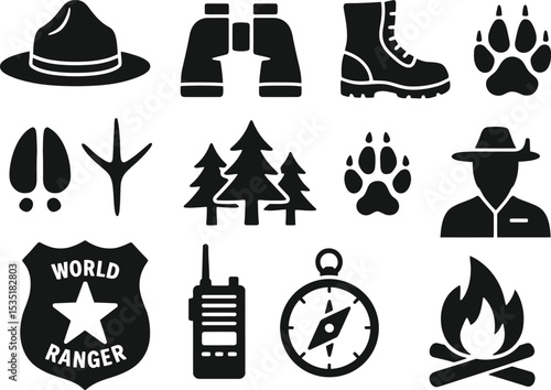 Black silhouette icon set for World Ranger Day. Includes solid black icons of a ranger hat, binoculars, walking boots, wildlife footprints, trees, animal paw prints, ranger badge, radio, compass, camp