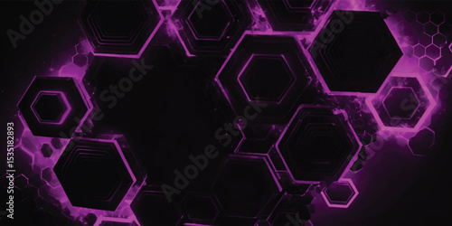 Dark gray and purple horizontal hexagonal technology abstract wide vector background. Purple bright energy flashes under hexagon. Technology futuristic modern wide banner. Dark gray honeycomb texture.