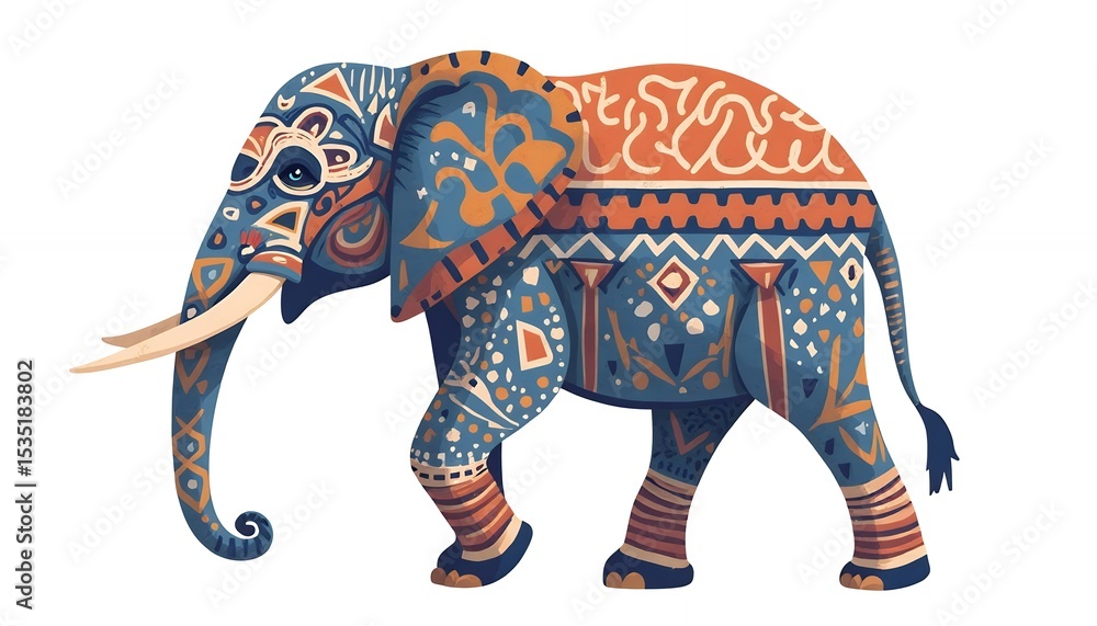 Naklejka premium Ornate Elephant Illustration in Blue and Orange