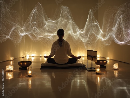 A sound therapy room featuring tuning forks, crystal bowls, soft glowing lights, a serene therapist in meditation posture, energy vibrations visualized in air