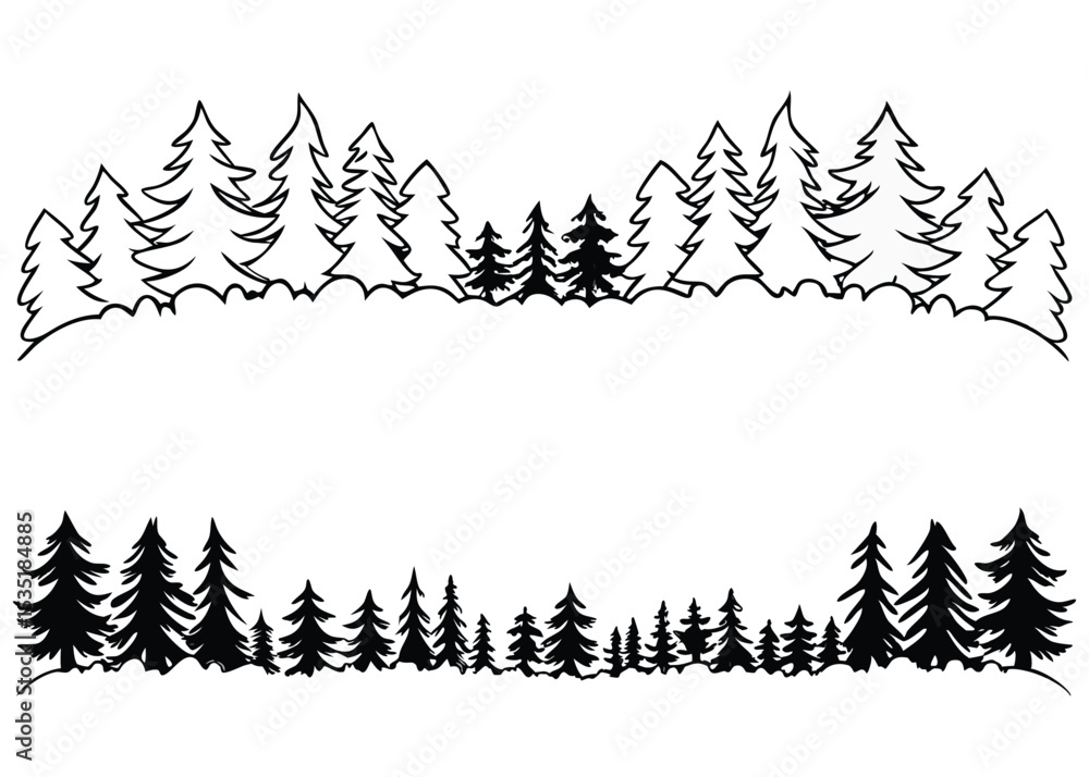 Obraz premium Abstract forest tree line silhouette border.