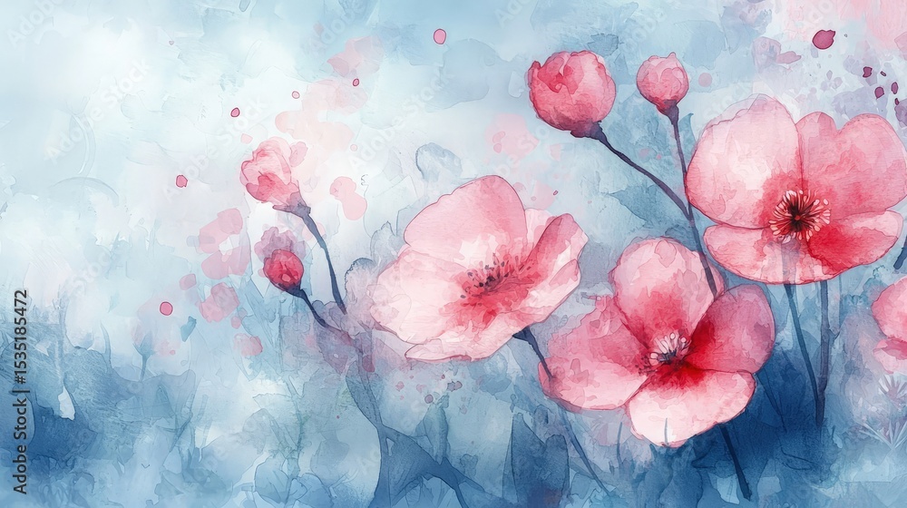 Delicate pink flowers painted in watercolor on a soft blue background. Delicate pink flowers painted in watercolor on a soft blue background.