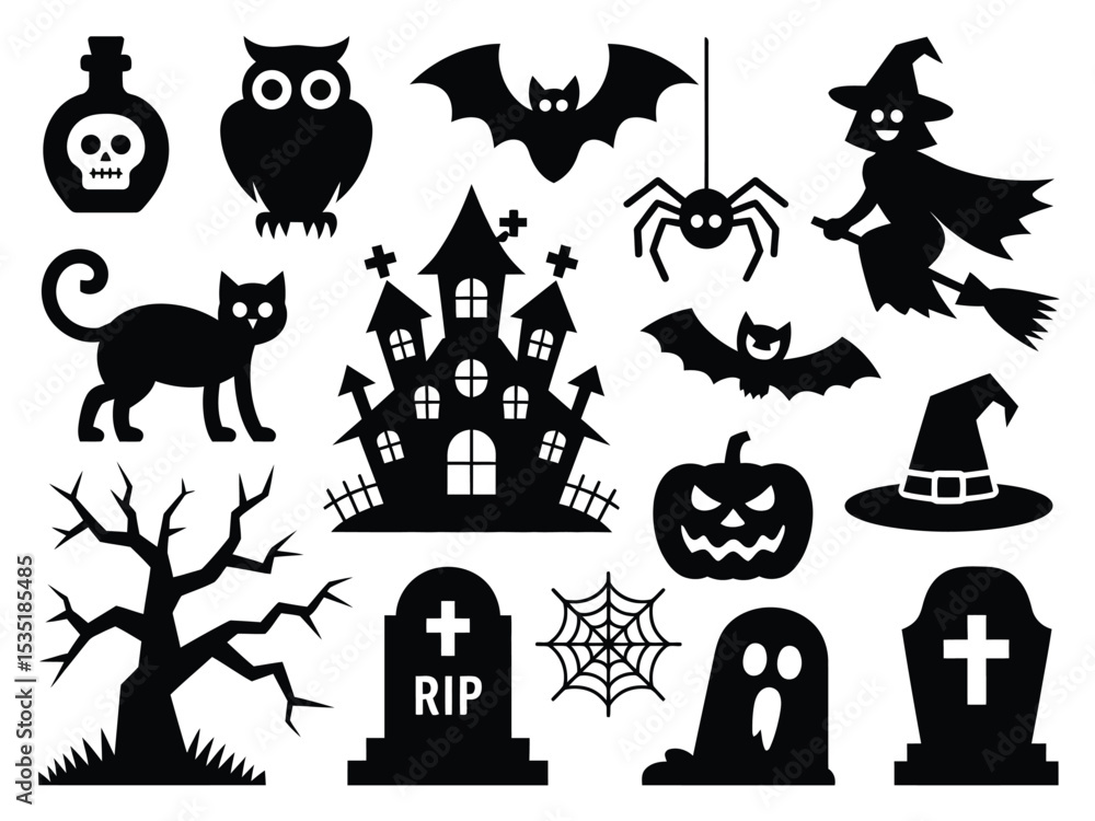 Obraz premium Halloween Silhouettes Vector Pack: Spooky Houses, Witches and Ghosts