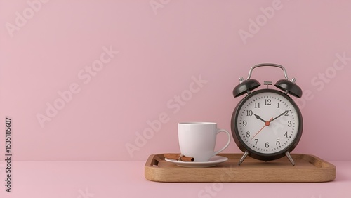 Vintage alarm clock with black coffee and cinnamon on a tray.