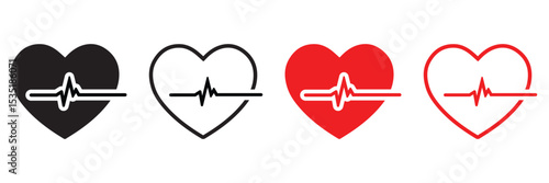 Heartbeat Icon Collection – Red and Black Pulse Line Symbols with Heart Shapes for Medical and Health Designs