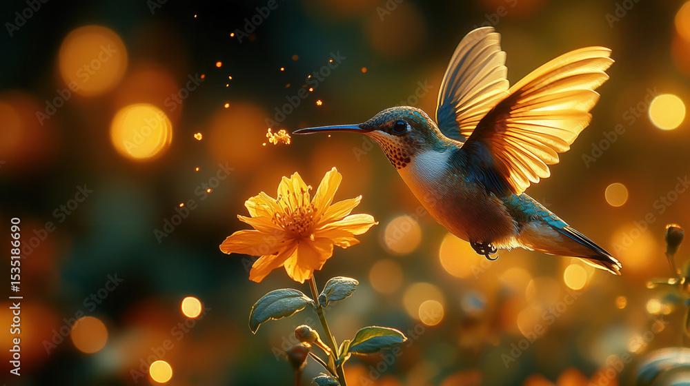 Naklejka premium macro shot of hummingbird’s slender beak reaching towards bright orange blossom in sharp focus