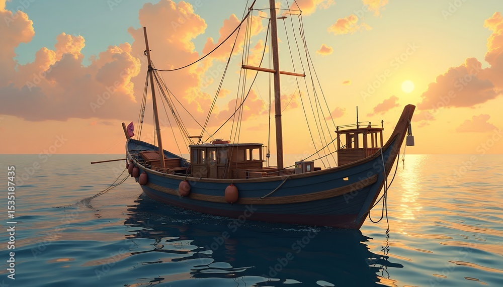 Obraz premium Wooden Ship on Water at Sunset