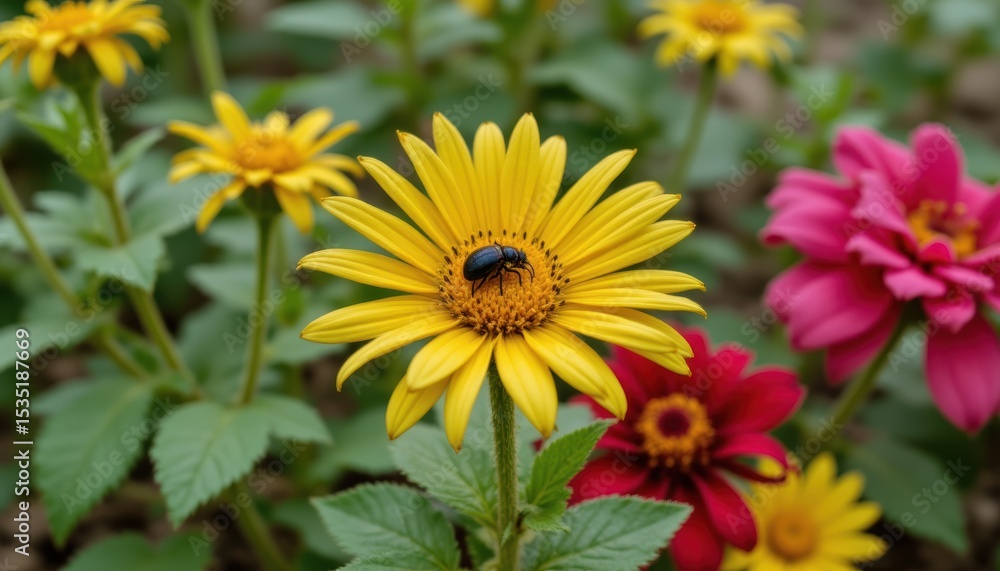 Fototapeta premium Close Up of a Vibrant Yellow Flower with a Bee Pollinating in a Colorful Garden Setting