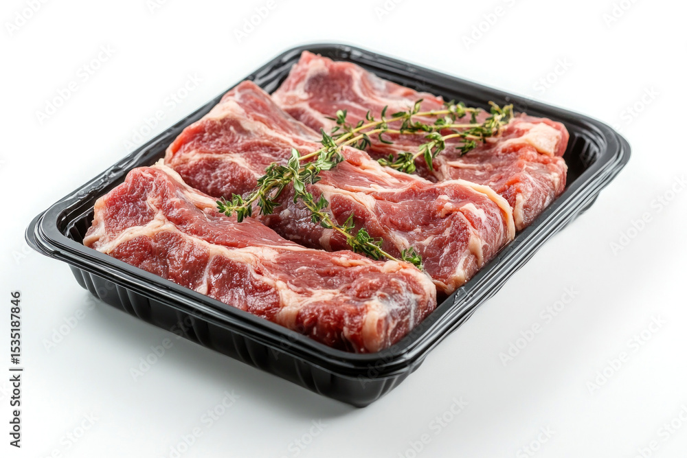 Raw beef short ribs seasoned with thyme sprigs, ready for grilling or braising, in a black plastic tray on a white background Raw beef short ribs seasoned with thyme sprigs, ready for grilling or braising, in a black plastic tray on a white background