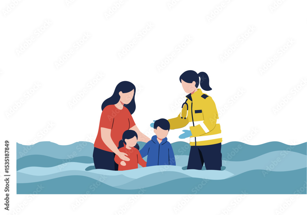 Obraz premium A family rescues a child from floodwaters, aided by a paramedic. Dramatic rescue scene, conveying urgency and support. Warm colors, emotional impact.