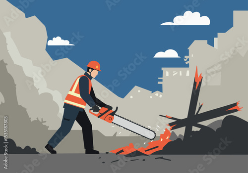 A construction worker uses a chainsaw to demolish debris amidst a ruined cityscape. Dramatic, impactful scene. Suitable for business, disaster, or urban themes.