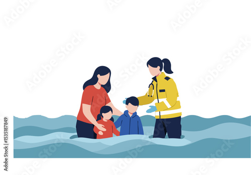 A family rescues a child from floodwaters, aided by a paramedic.  Dramatic rescue scene, conveying urgency and support.  Warm colors, emotional impact.