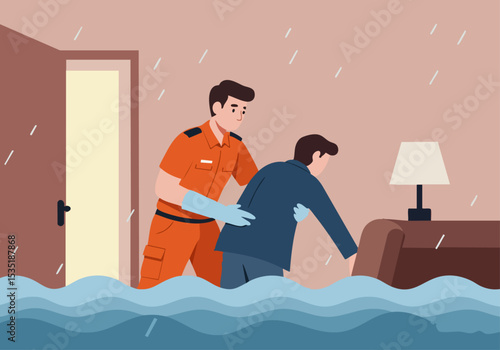 A firefighter assists a distressed man in a flooded room. Dramatic rescue scene, conveying urgency and support.  Home help illustration.
