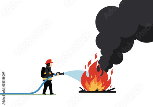 A firefighter bravely combats a raging fire, spraying water and battling smoke. Dynamic action shot with a clear, impactful composition. Suitable for commercial use.