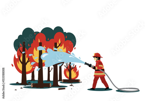 A firefighter bravely combats a forest fire with a hose, showcasing a dramatic rescue scene. Bold colors and dynamic action create a visually striking image.