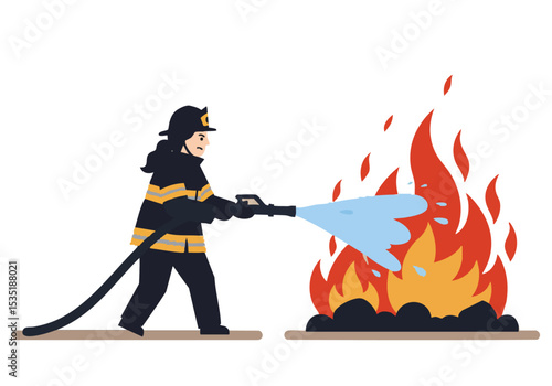A firefighter bravely combats a raging fire with a powerful hose. Dynamic action shot, showcasing strength and determination. Bold colors and dramatic lighting.