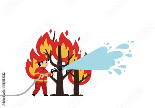 A firefighter bravely combats a tree fire with a powerful hose, showcasing a dynamic rescue scene. Bold colors and clear composition create a visually striking image.
