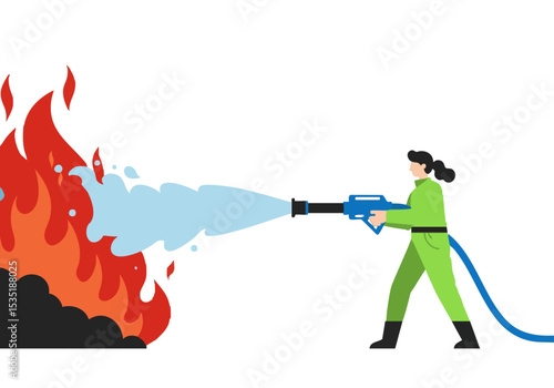 A female firefighter bravely combats flames with a powerful hose, showcasing strength and control. Dynamic composition with vibrant fire and a clear focus on the action.