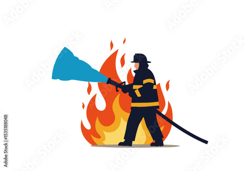 A firefighter bravely combats flames with a powerful hose, showcasing strength and dedication. Bold colors and dynamic composition create a visually impactful image.