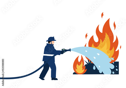 A firefighter bravely tackles a raging fire with a water hose. Dynamic action shot, showcasing courage and control. Bold colors and dramatic composition.