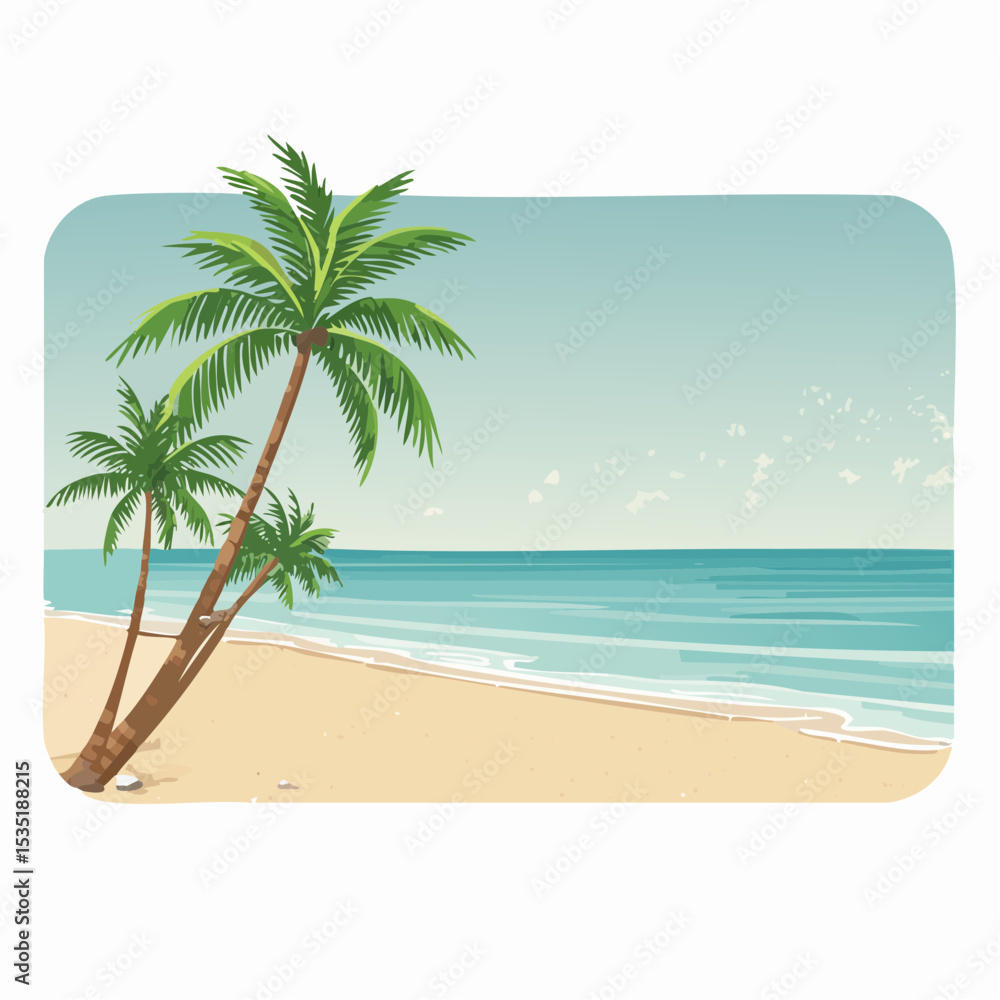 Obraz premium Vector Tropical sandy ocean beach with palm trees, vintage background