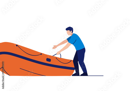 A rescue worker expertly maneuvers an inflatable raft, demonstrating a guide rescue technique. Clear, bright illustration for commercial use.