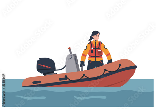 A female rescue worker in a bright orange life raft uses a motorboat to conduct a boat rescue. Professional, dynamic, and visually appealing.