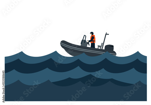 Tableau sur toile A rescue worker operates a small inflatable boat on choppy waves