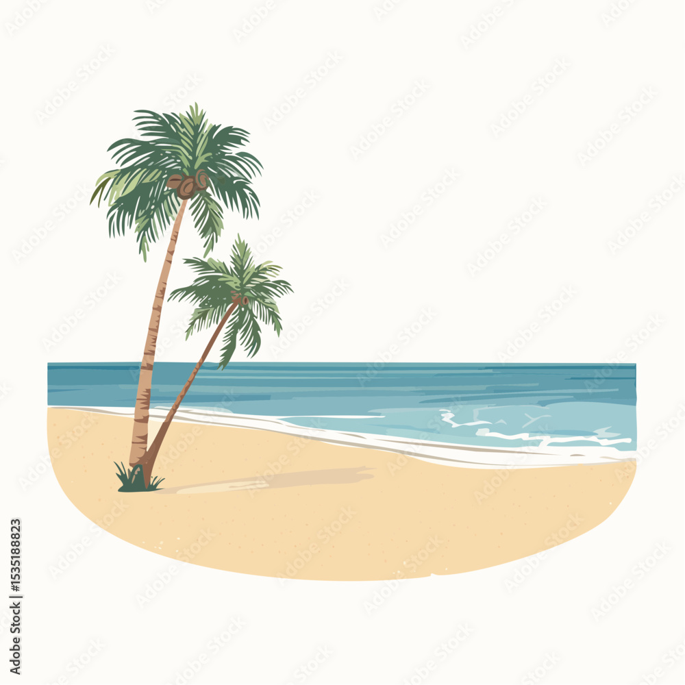 Obraz premium Vector Tropical sandy ocean beach with palm trees, vintage background